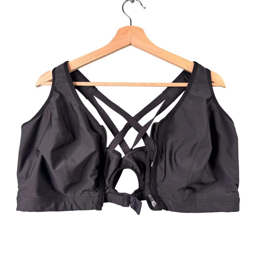 Glamorise Sport 9266 Black Front Zip High Impact Strappy Back Bra 46DD Womens